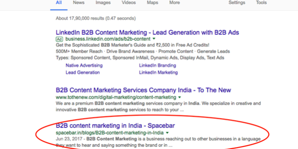 B2B content marketing in India listing for Spacebar