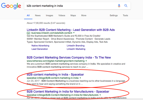 B2B content marketing in India listing for Spacebar
