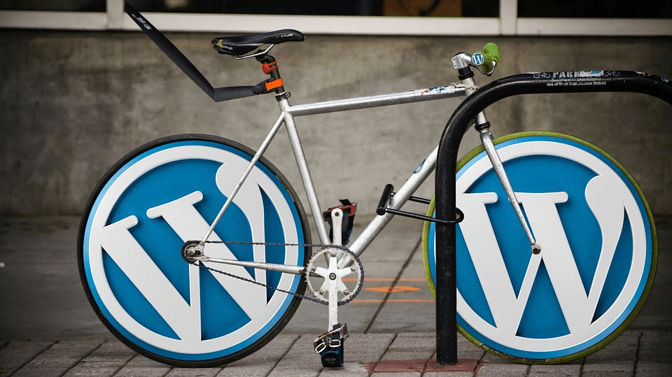 Bicycle with pairs of wordpress logo placed on wheels.