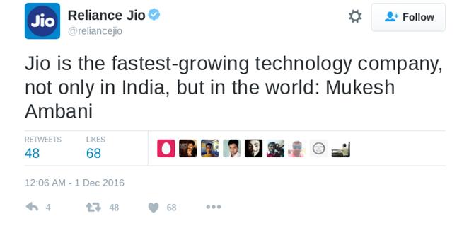 Reliance Jio twitter page
