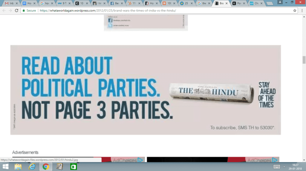 Advertising content writing on The Hindu newspaper
