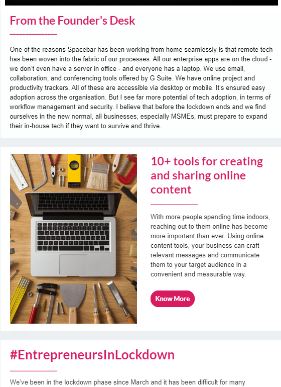 screenshot of spacebar content marketing agency newsletter